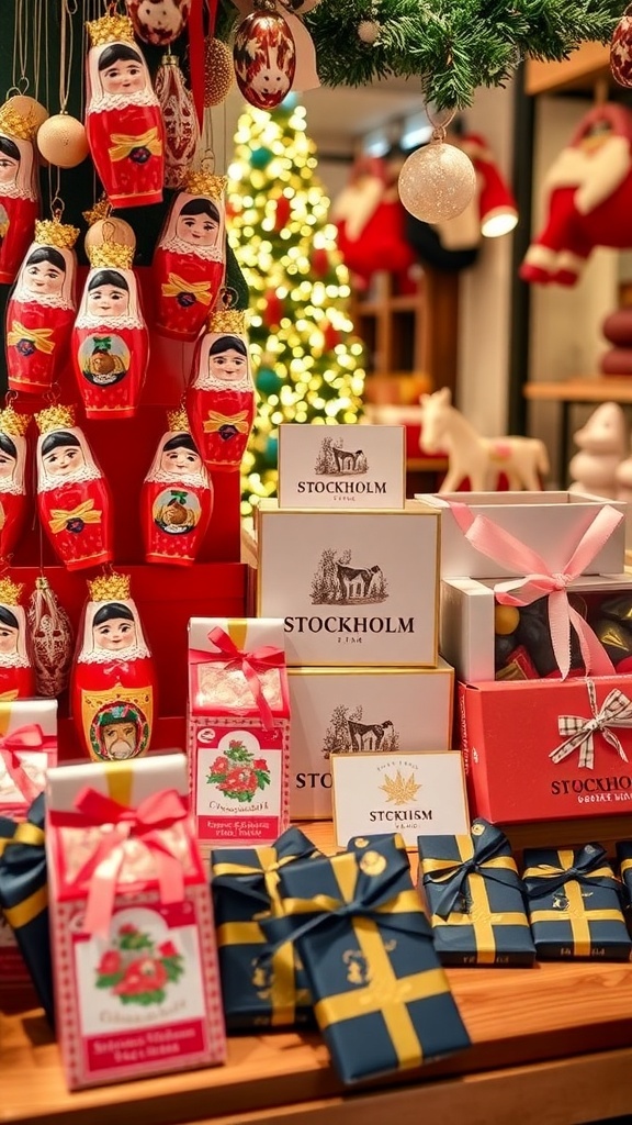 A collection of Christmas gifts from Stockholm, featuring ornaments, Dala horses, and chocolates, with holiday decorations in the background.